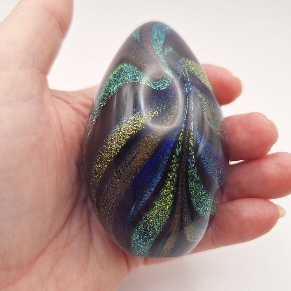 VINTAGE 1996 GLASS EYE STUDIO GLASS EGG PAPERWEIGHT METALLIC SWIRL COLORS GES96 - Picture 9 of 11